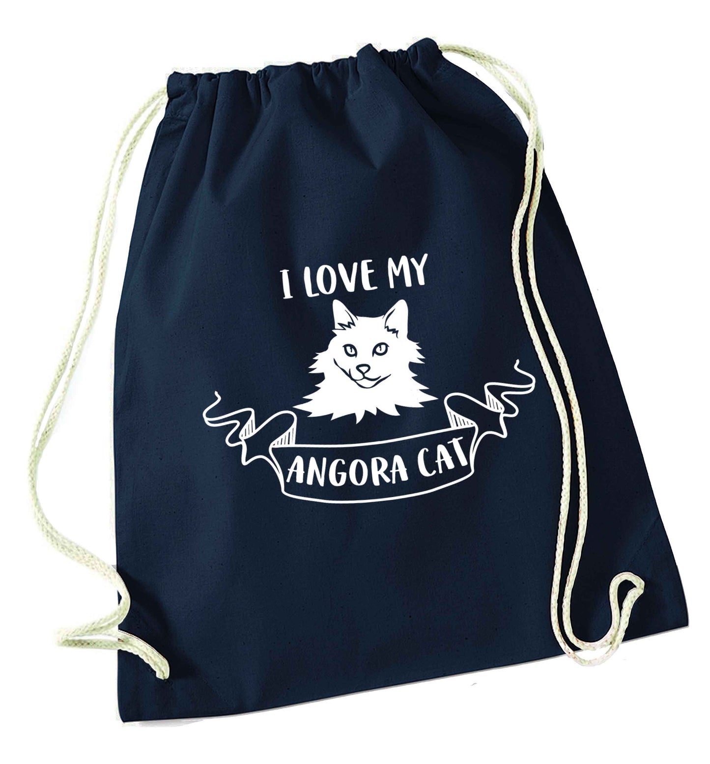 I love my angora cat navy drawstring bag