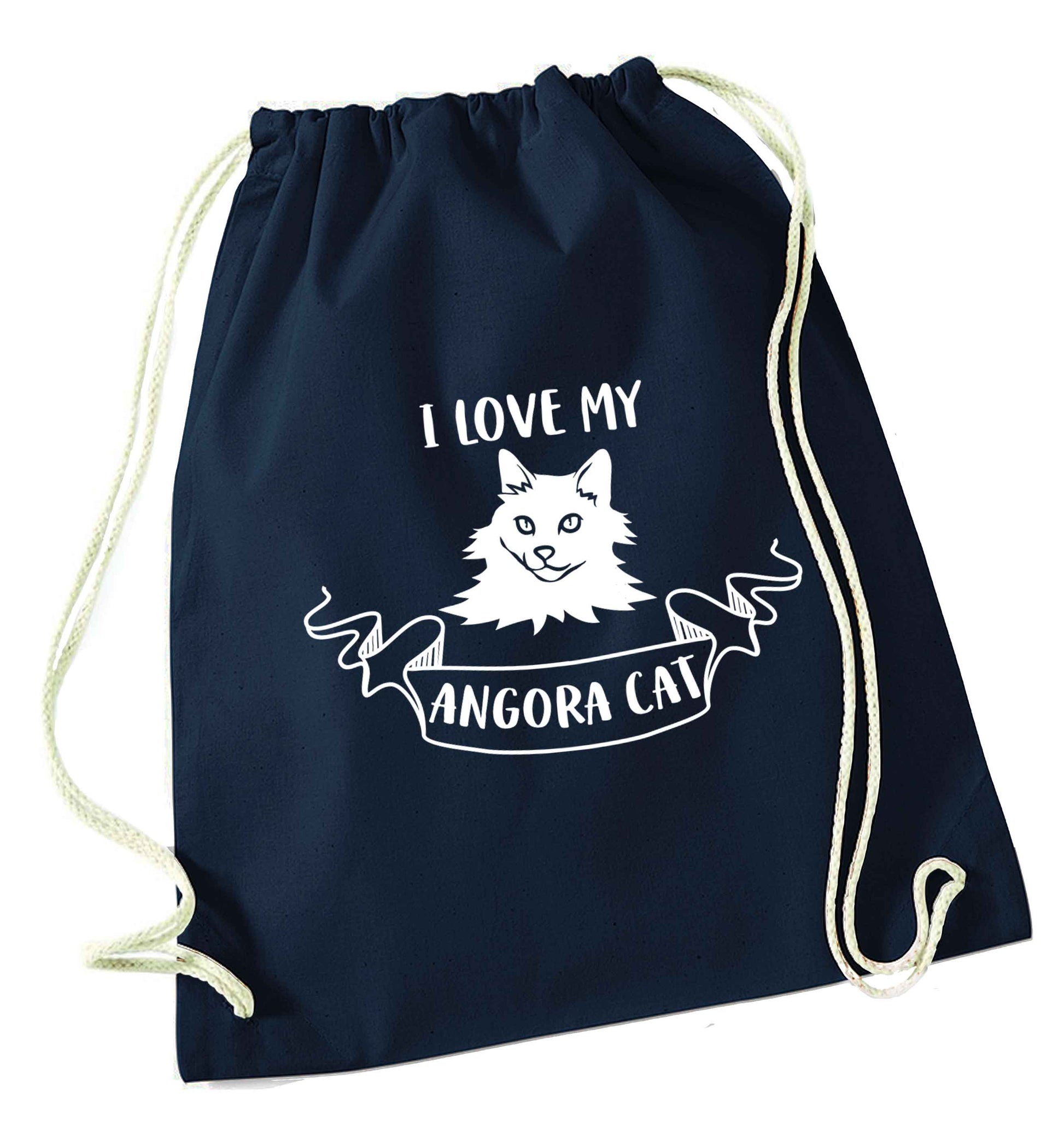 I love my angora cat navy drawstring bag
