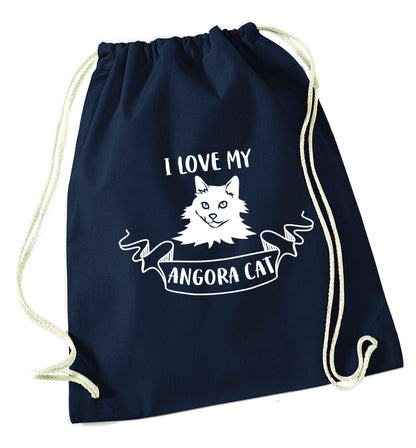I love my angora cat navy drawstring bag