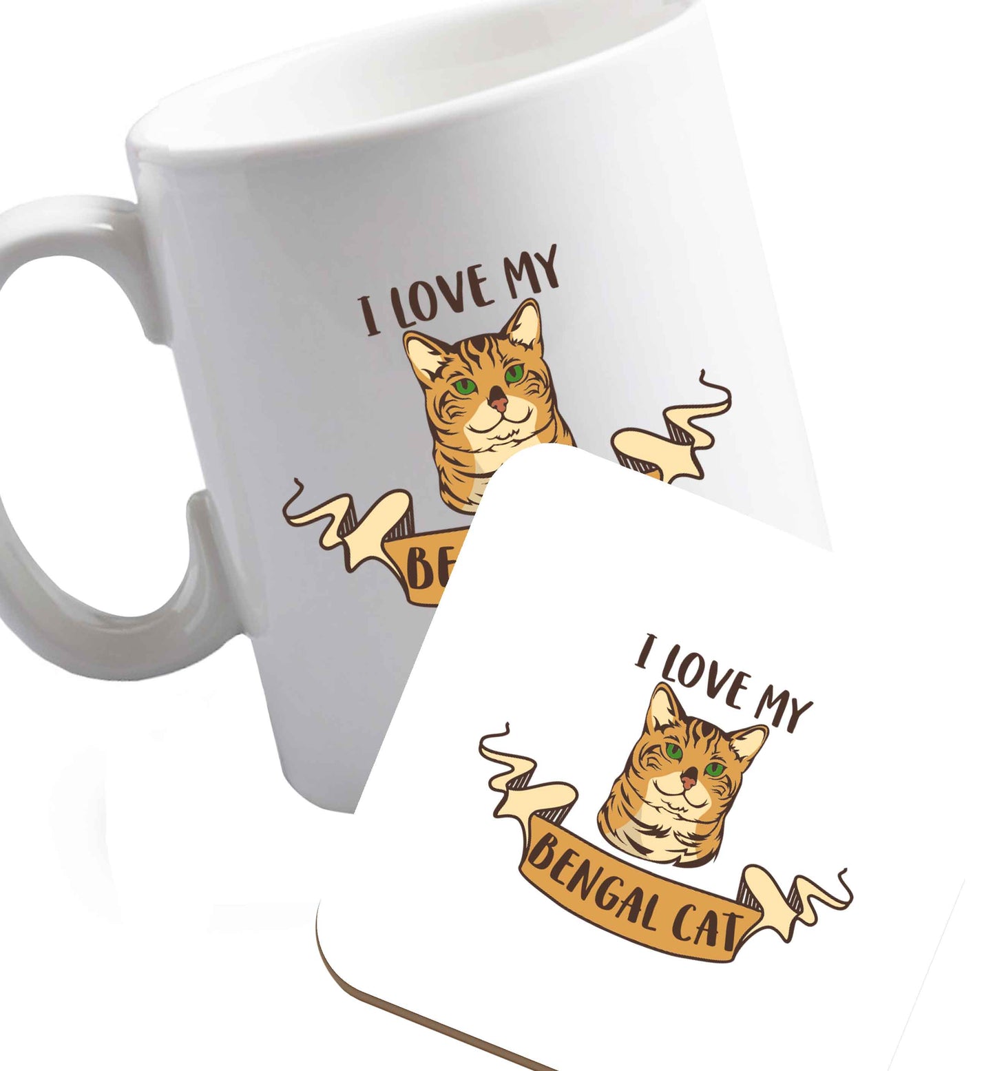 10 oz I love my begnal cat ceramic mug and coaster set right handed