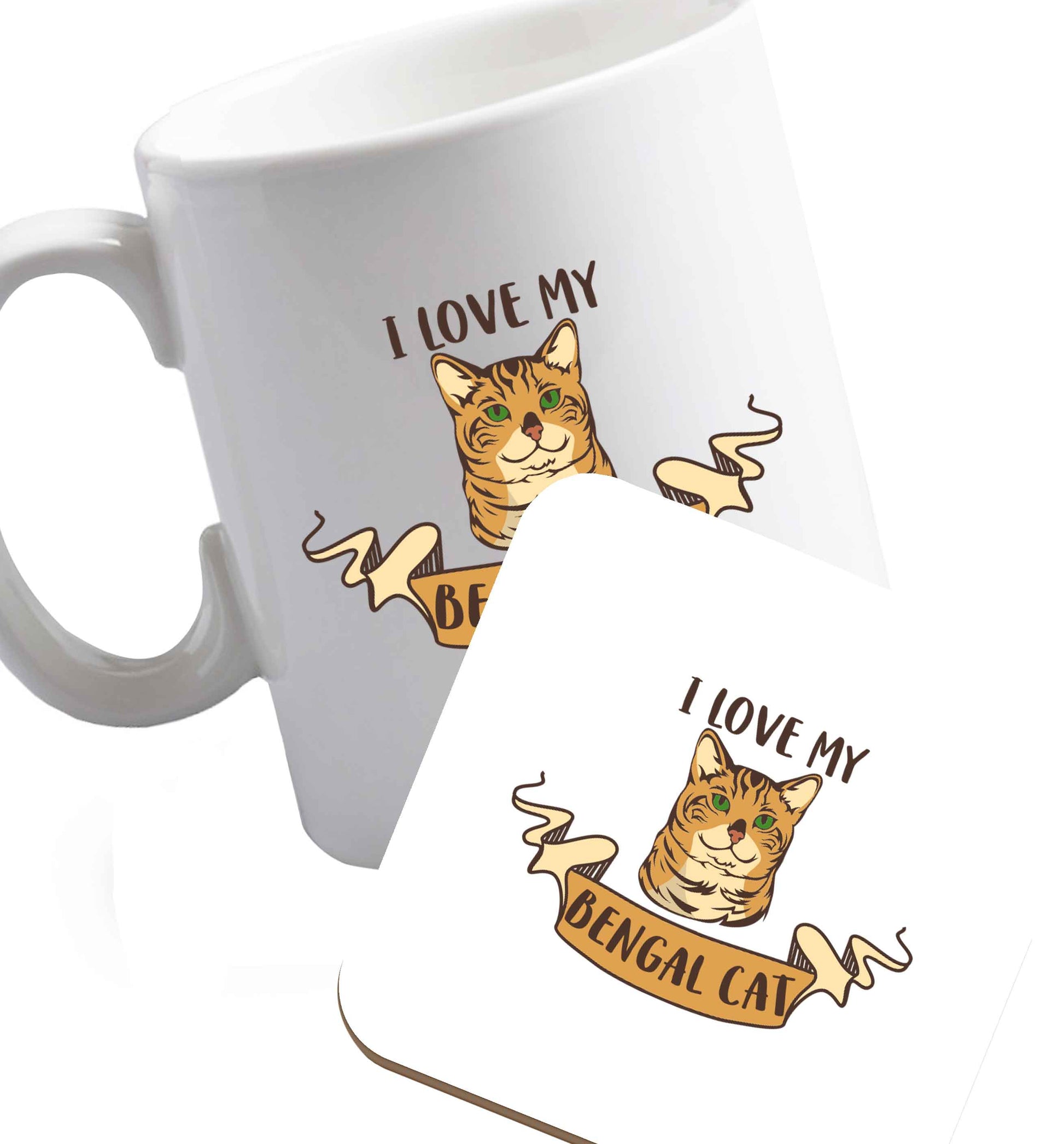 10 oz I love my begnal cat ceramic mug and coaster set right handed