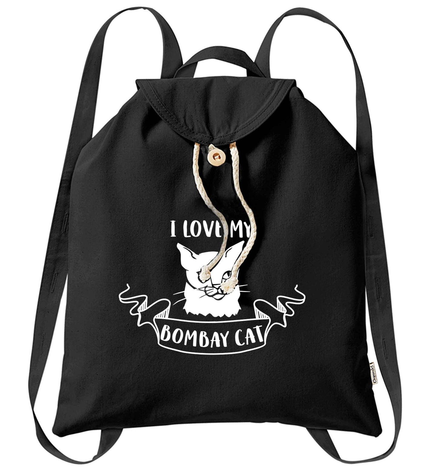 I love my bombay cat organic cotton backpack tote with wooden buttons in black