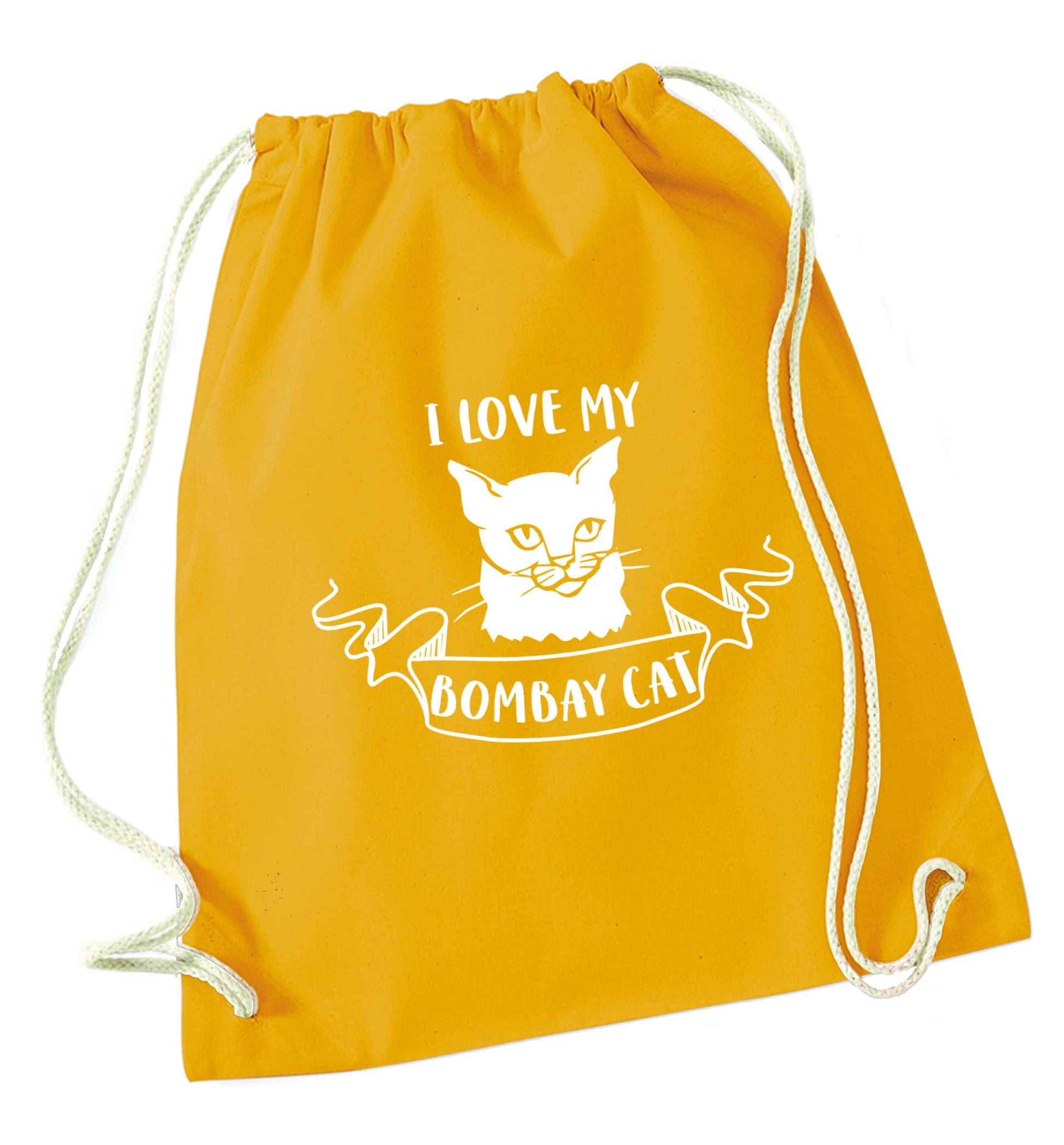 I love my bombay cat mustard drawstring bag