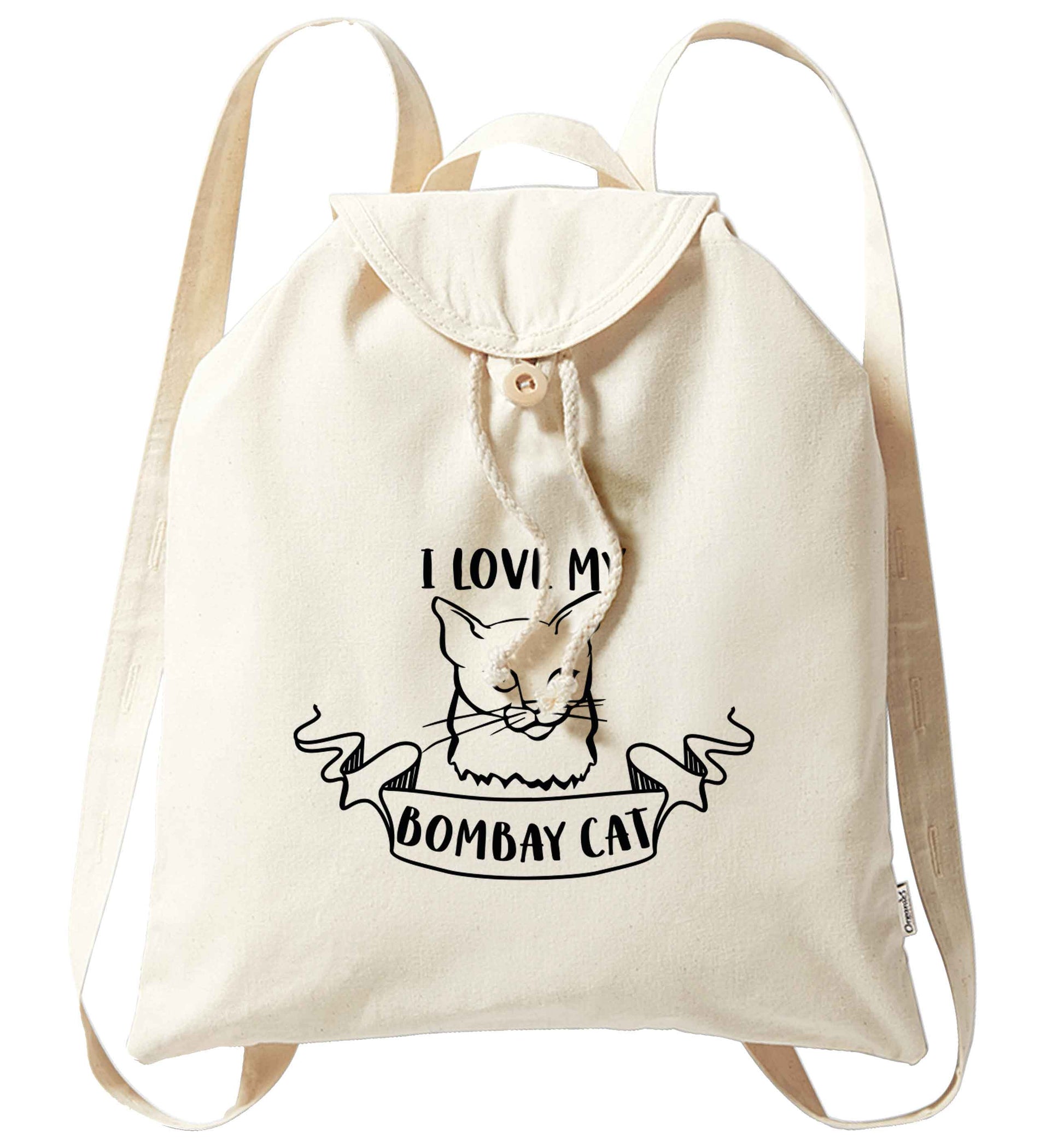 I love my bombay cat organic cotton backpack tote with wooden buttons in natural