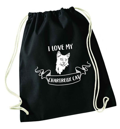 I love my chartreux cat black drawstring bag