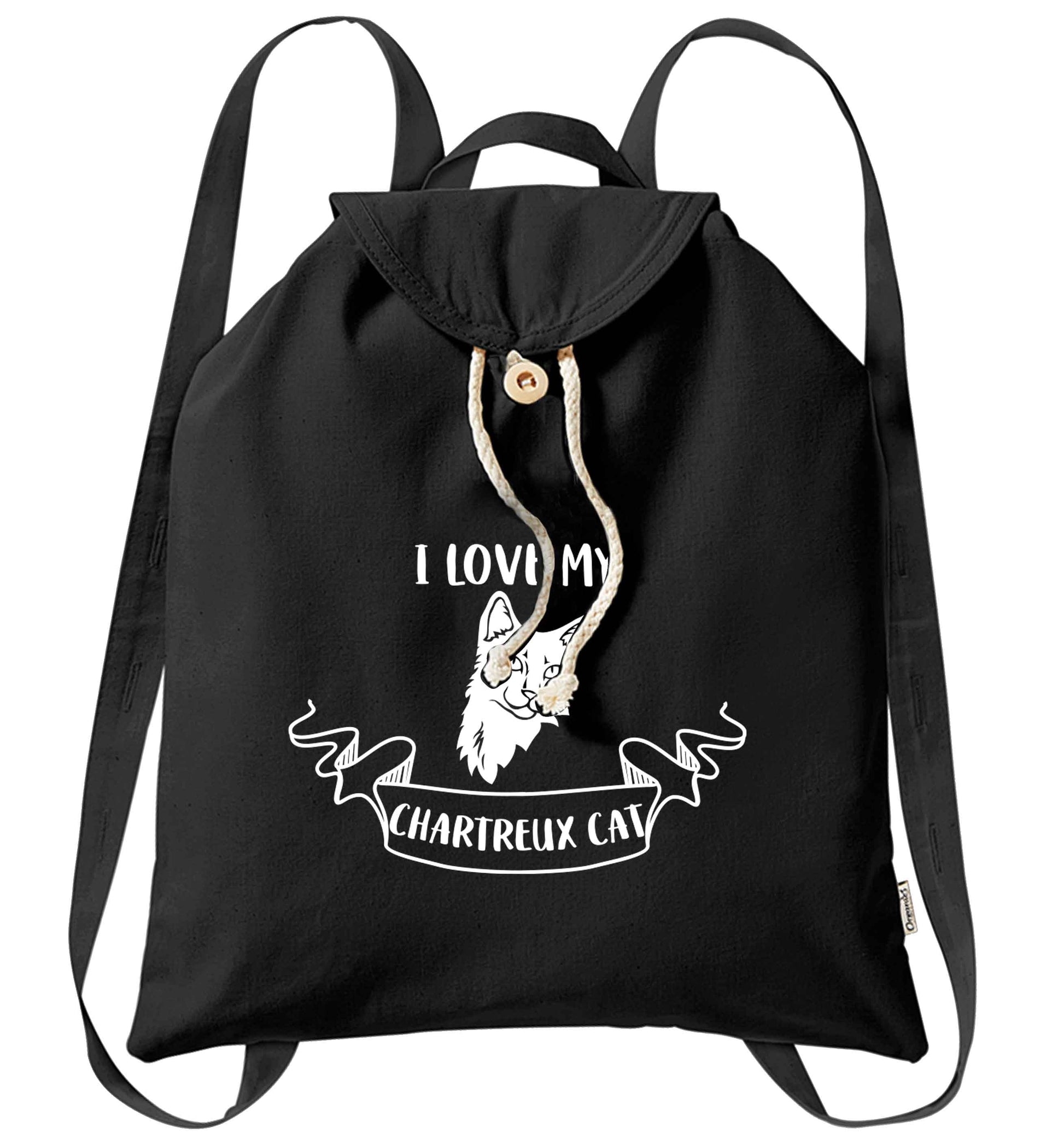 I love my chartreux cat organic cotton backpack tote with wooden buttons in black
