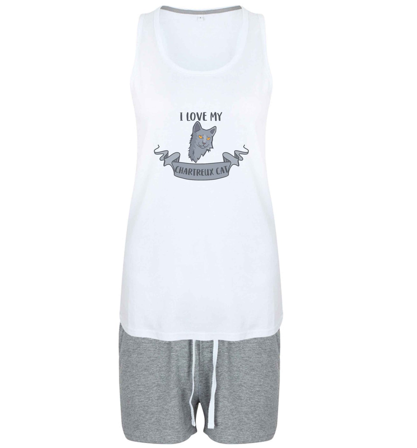 I love my chartreux cat size XL women's pyjama shorts set in pink 