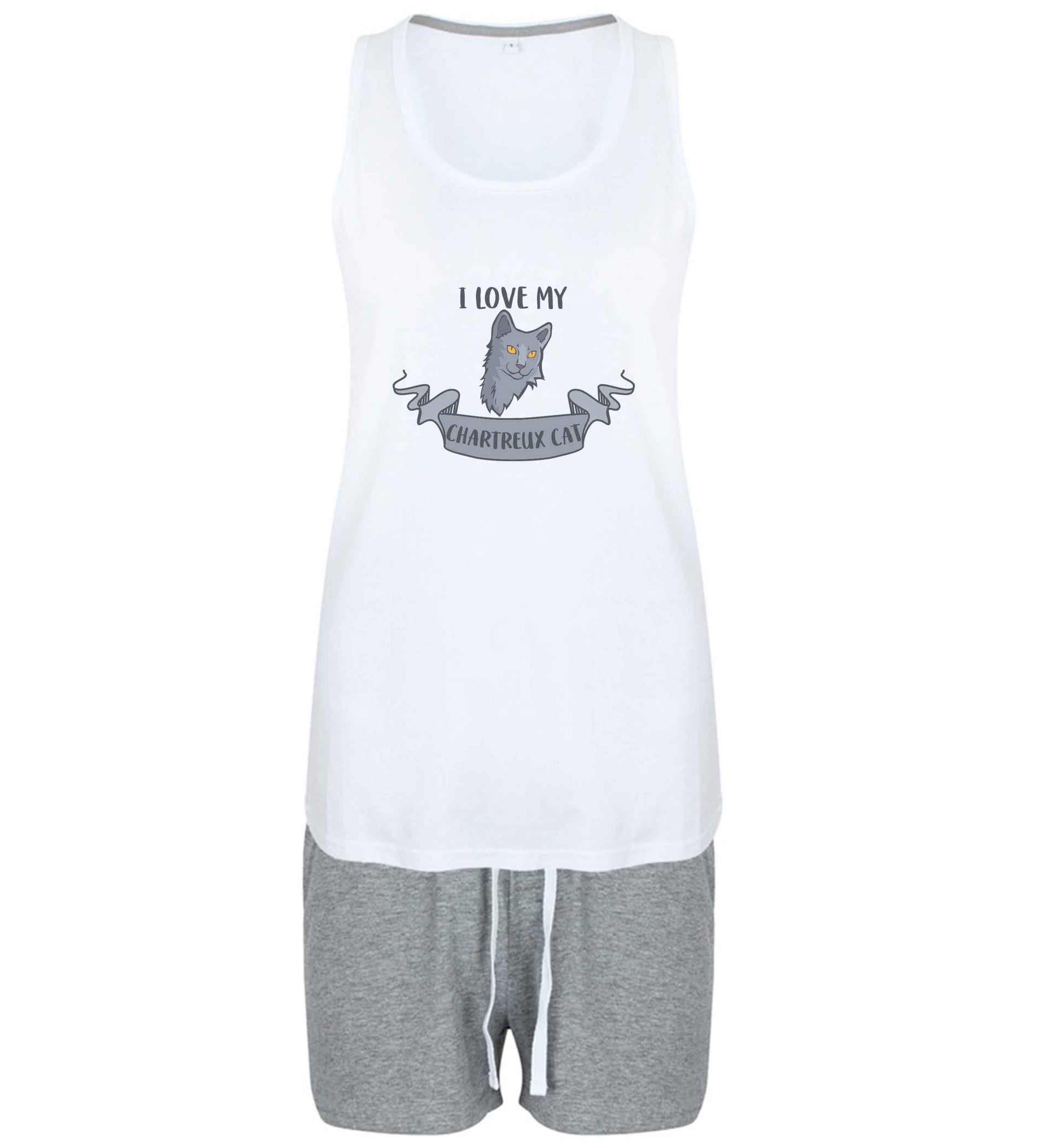 I love my chartreux cat size XL women's pyjama shorts set in pink 