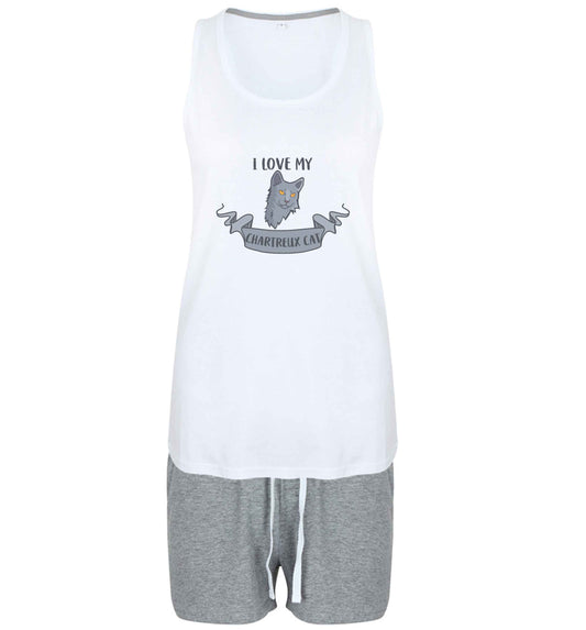 I love my chartreux cat size XL women's pyjama shorts set in pink 