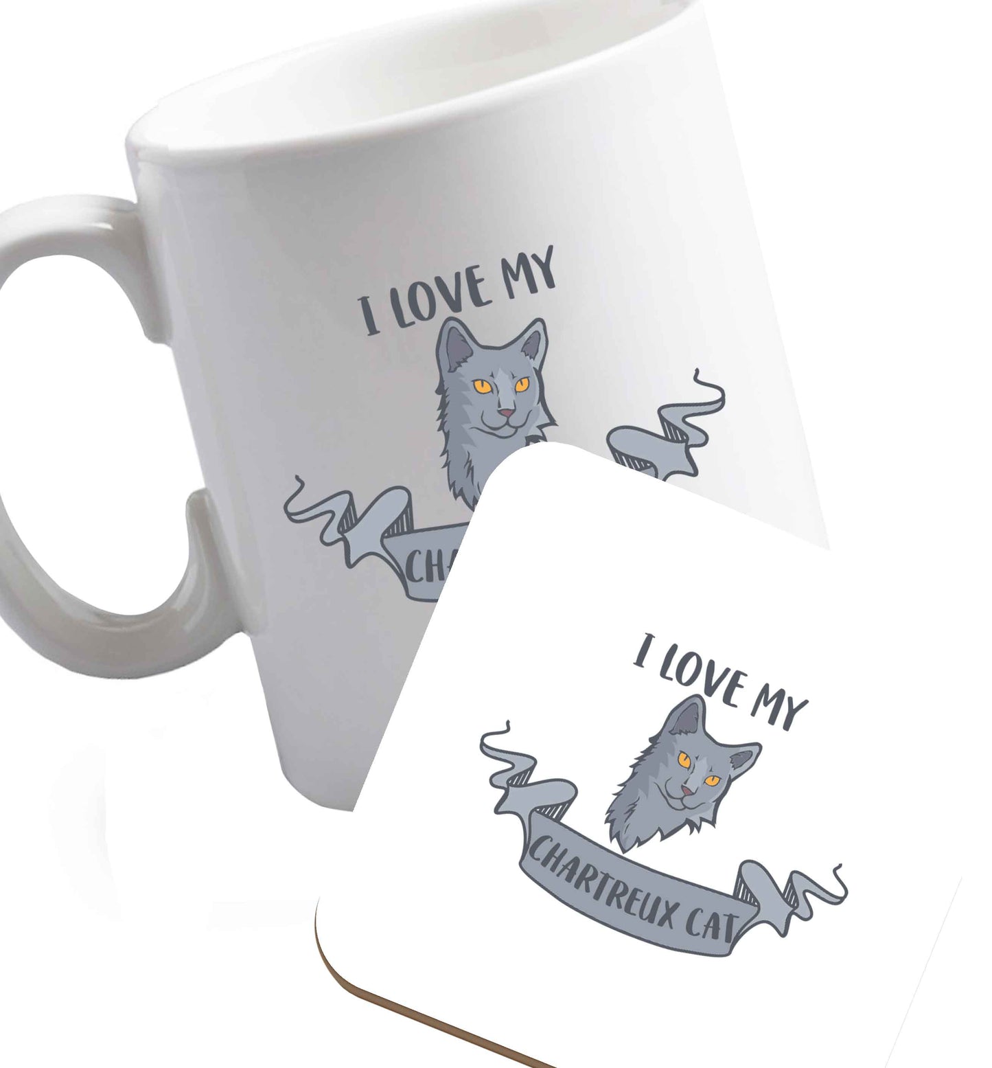 10 oz I love my chartreux cat ceramic mug and coaster set right handed