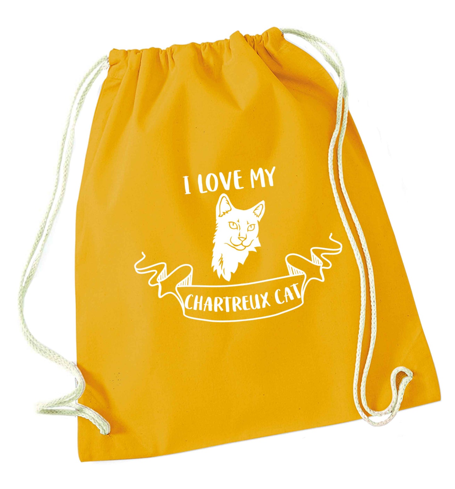 I love my chartreux cat mustard drawstring bag