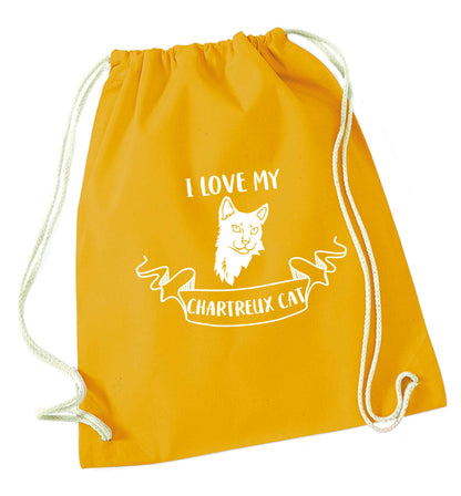 I love my chartreux cat mustard drawstring bag