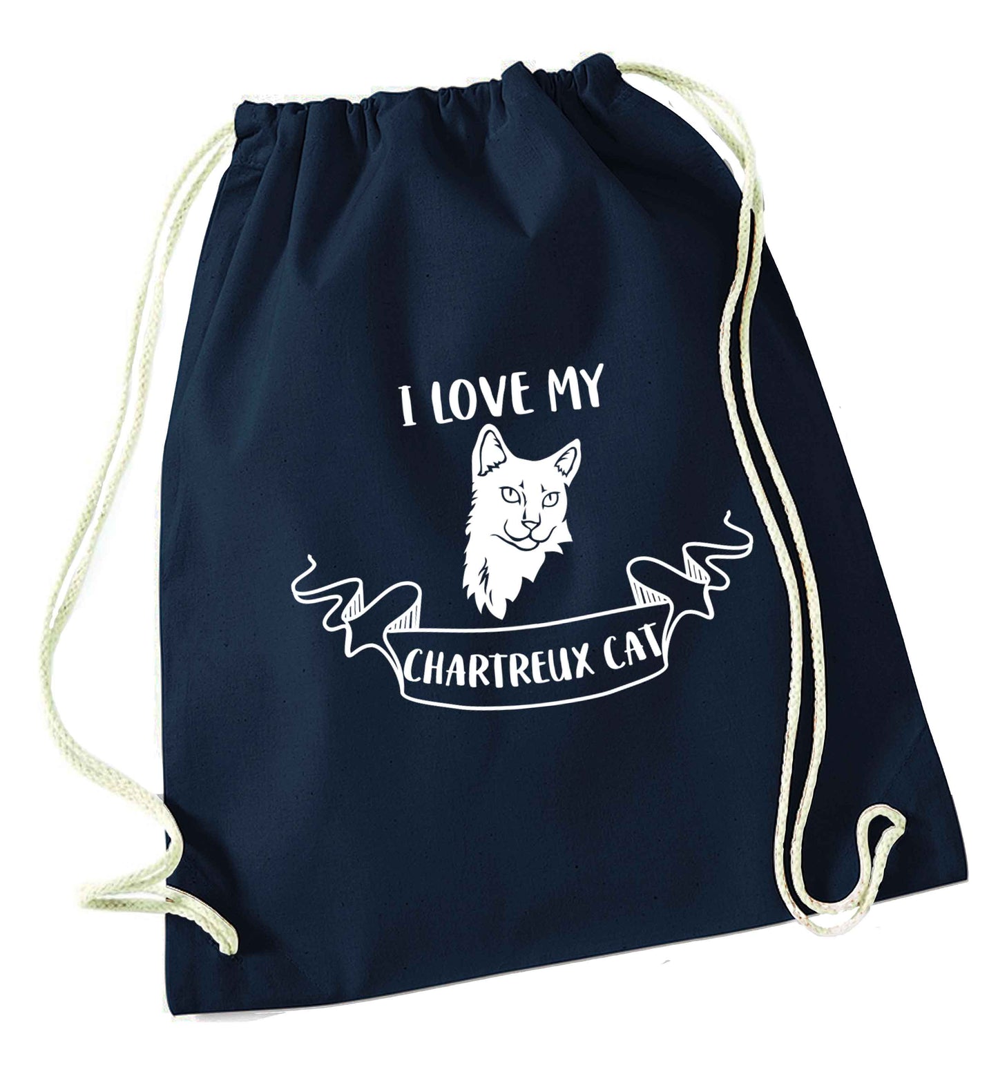 I love my chartreux cat navy drawstring bag