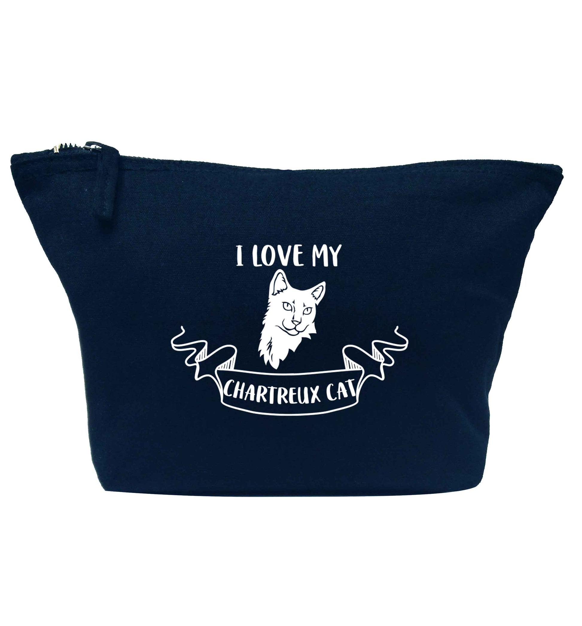 I love my chartreux cat navy makeup bag