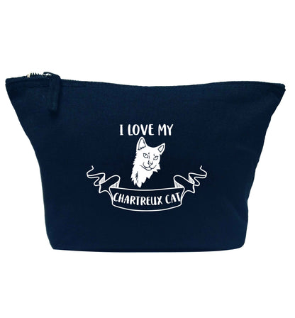 I love my chartreux cat navy makeup bag