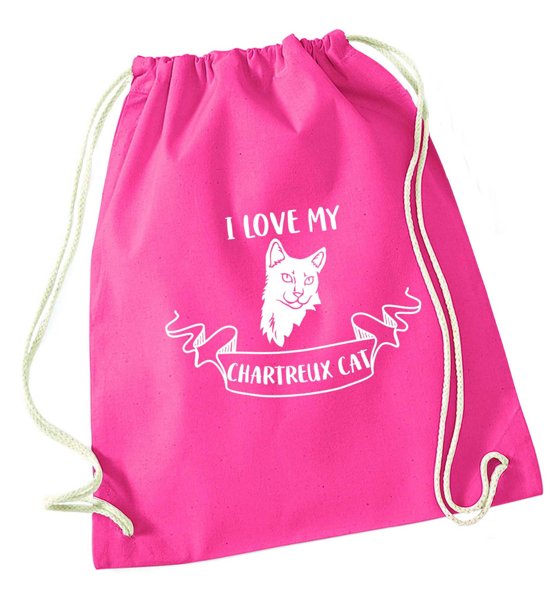 I love my chartreux cat pink drawstring bag