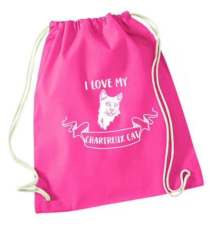 I love my chartreux cat pink drawstring bag