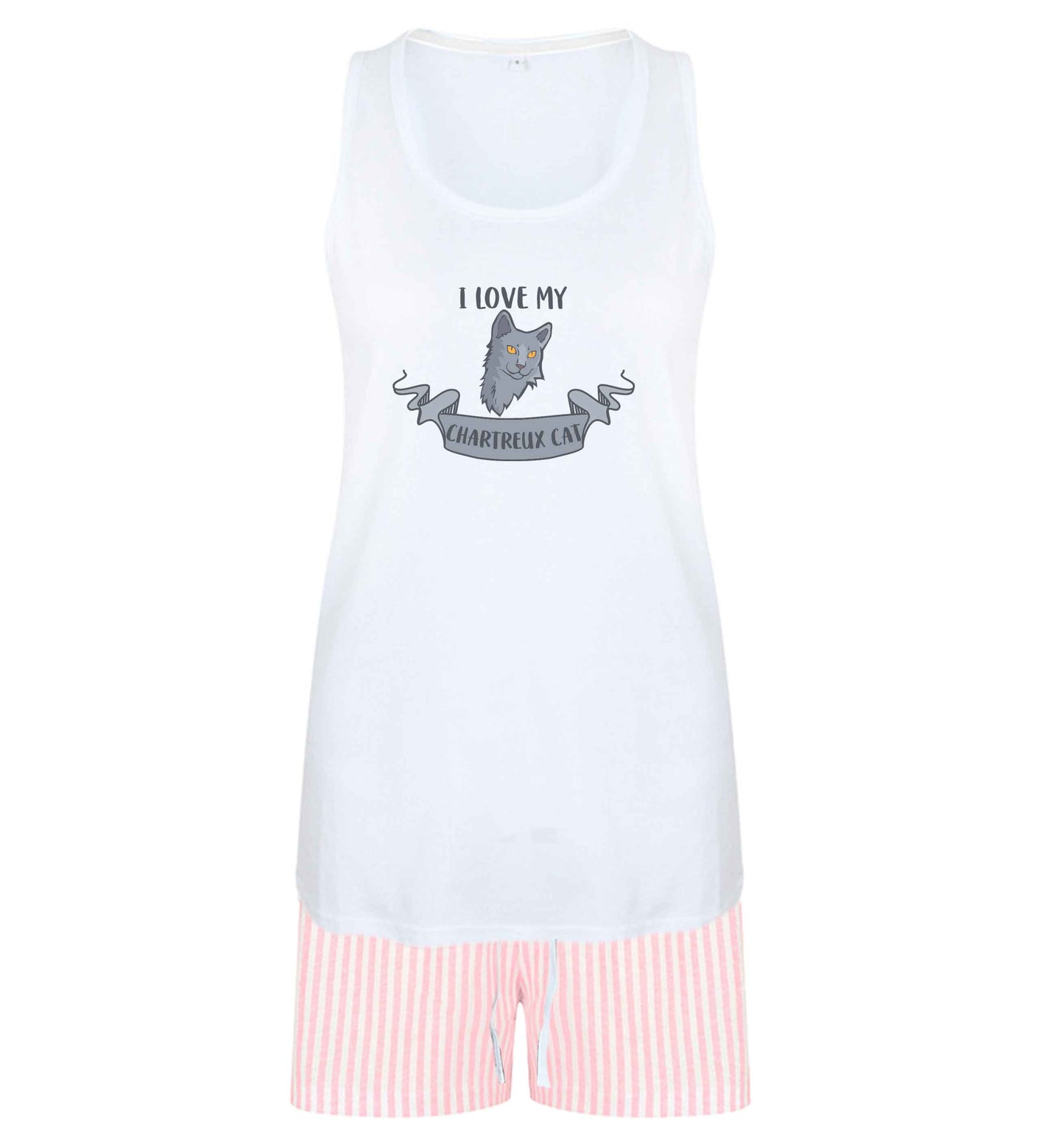 I love my chartreux cat size XL women's pyjama shorts set in pink 