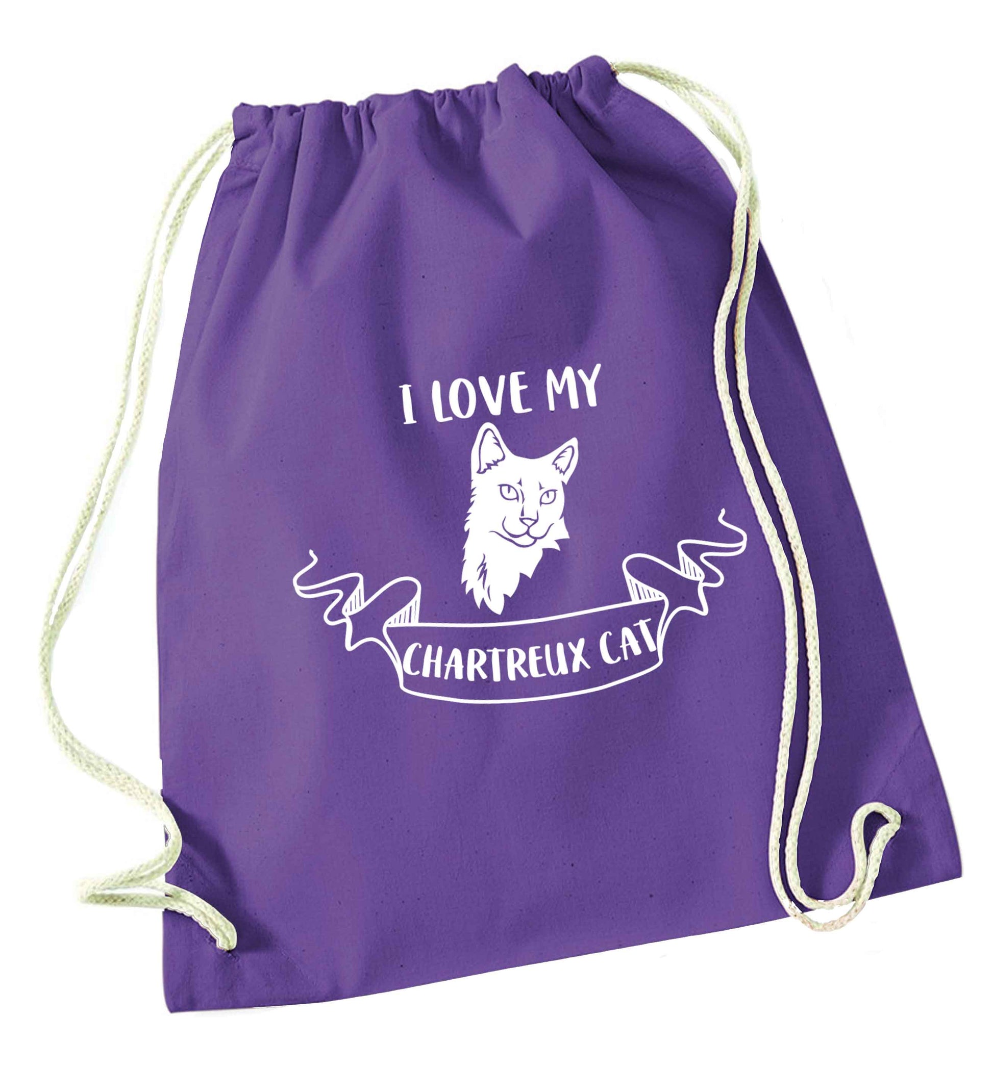 I love my chartreux cat purple drawstring bag