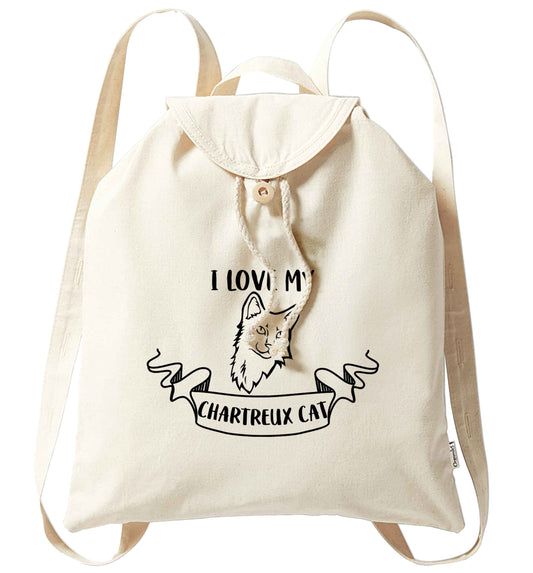 I love my chartreux cat organic cotton backpack tote with wooden buttons in natural