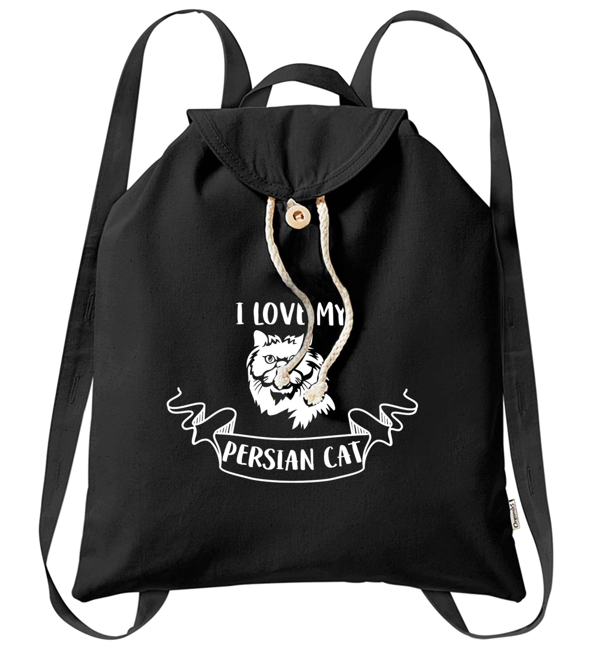 I love my persian cat organic cotton backpack tote with wooden buttons in black