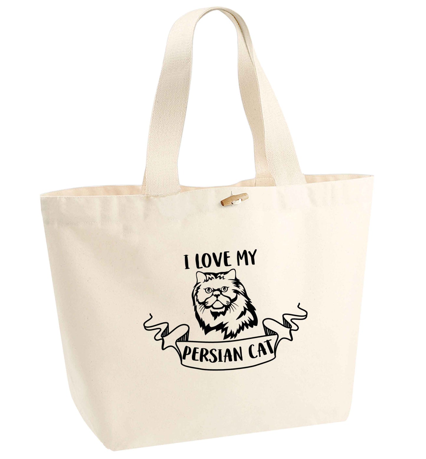 I love my persian cat organic cotton premium tote bag with wooden toggle in natural