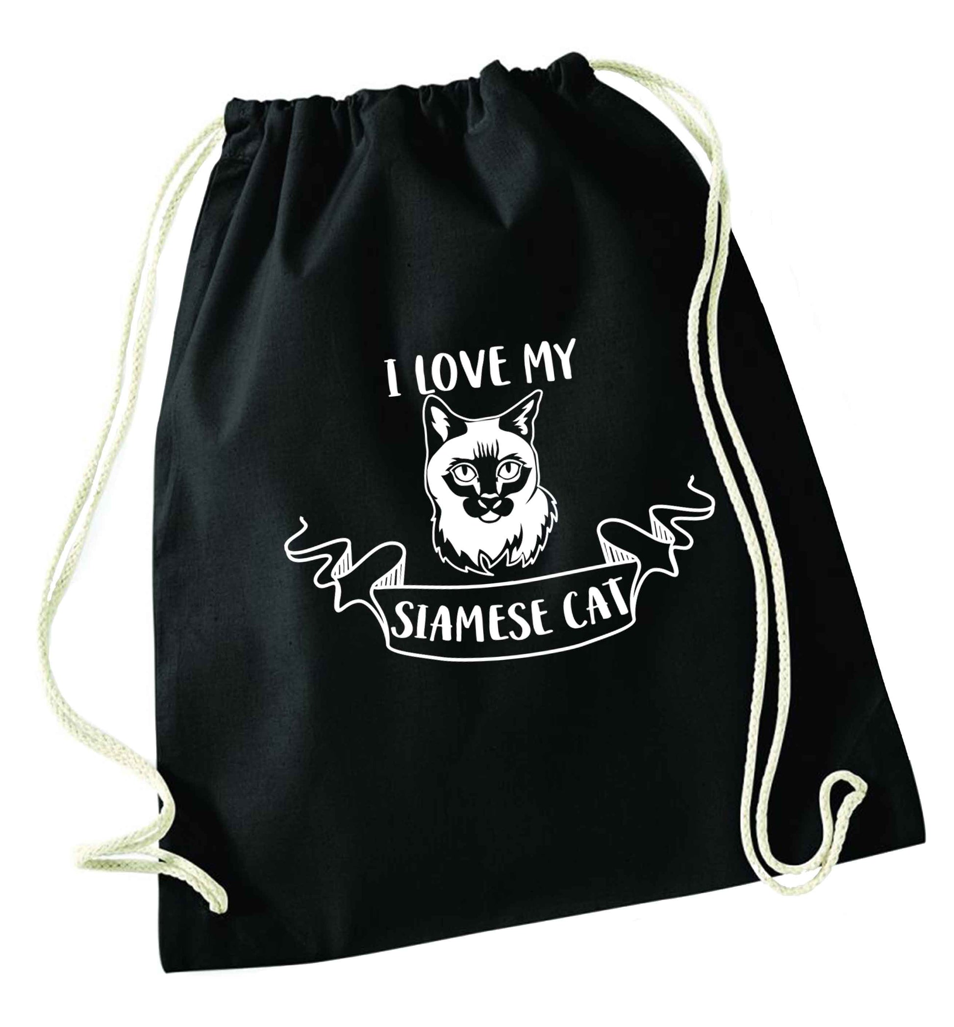 I love my siamese cat black drawstring bag