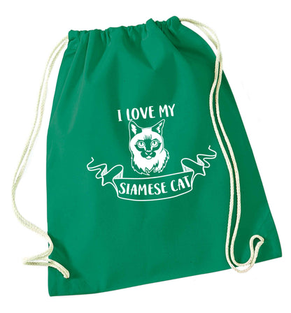 I love my siamese cat green drawstring bag
