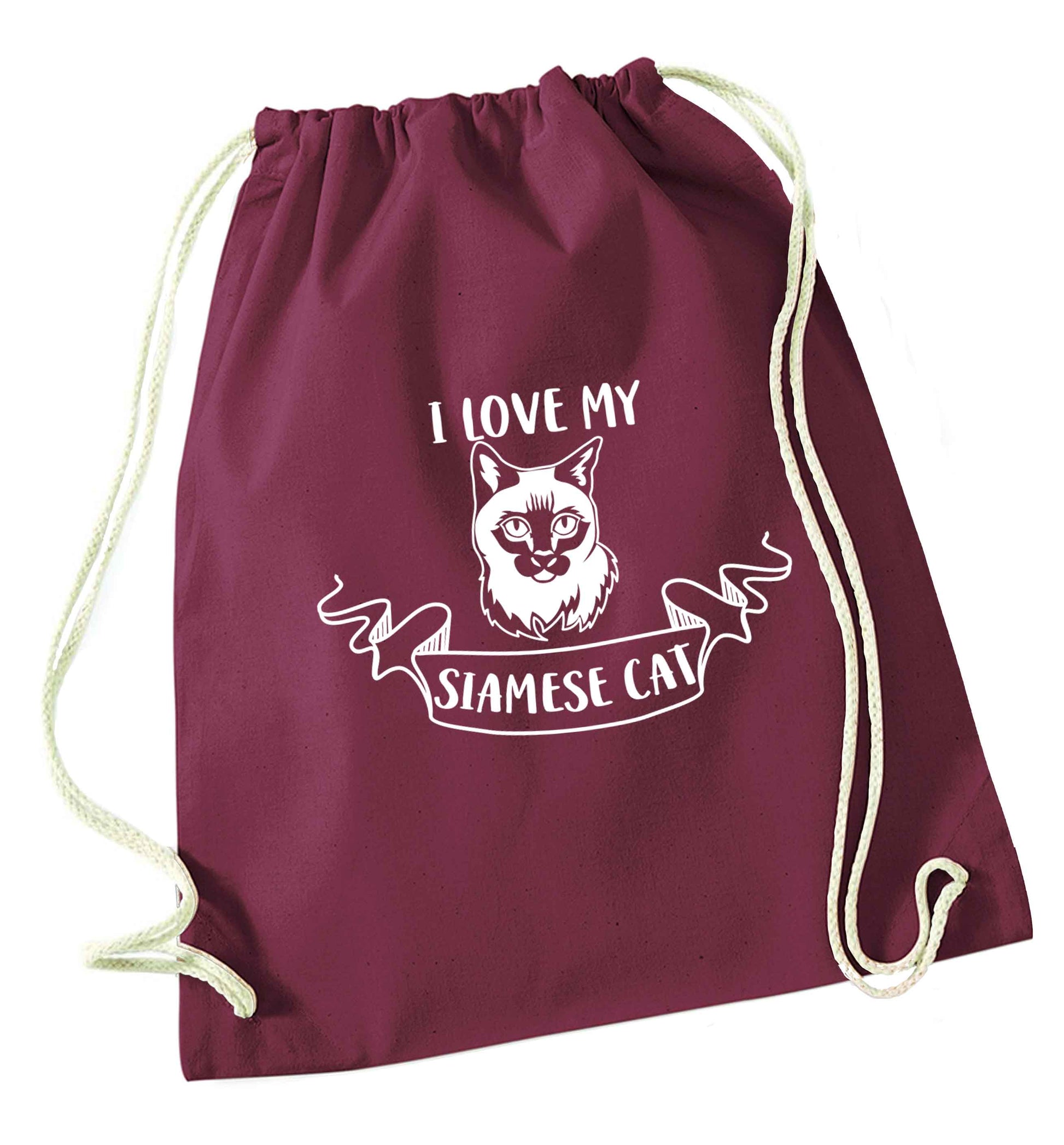 I love my siamese cat maroon drawstring bag