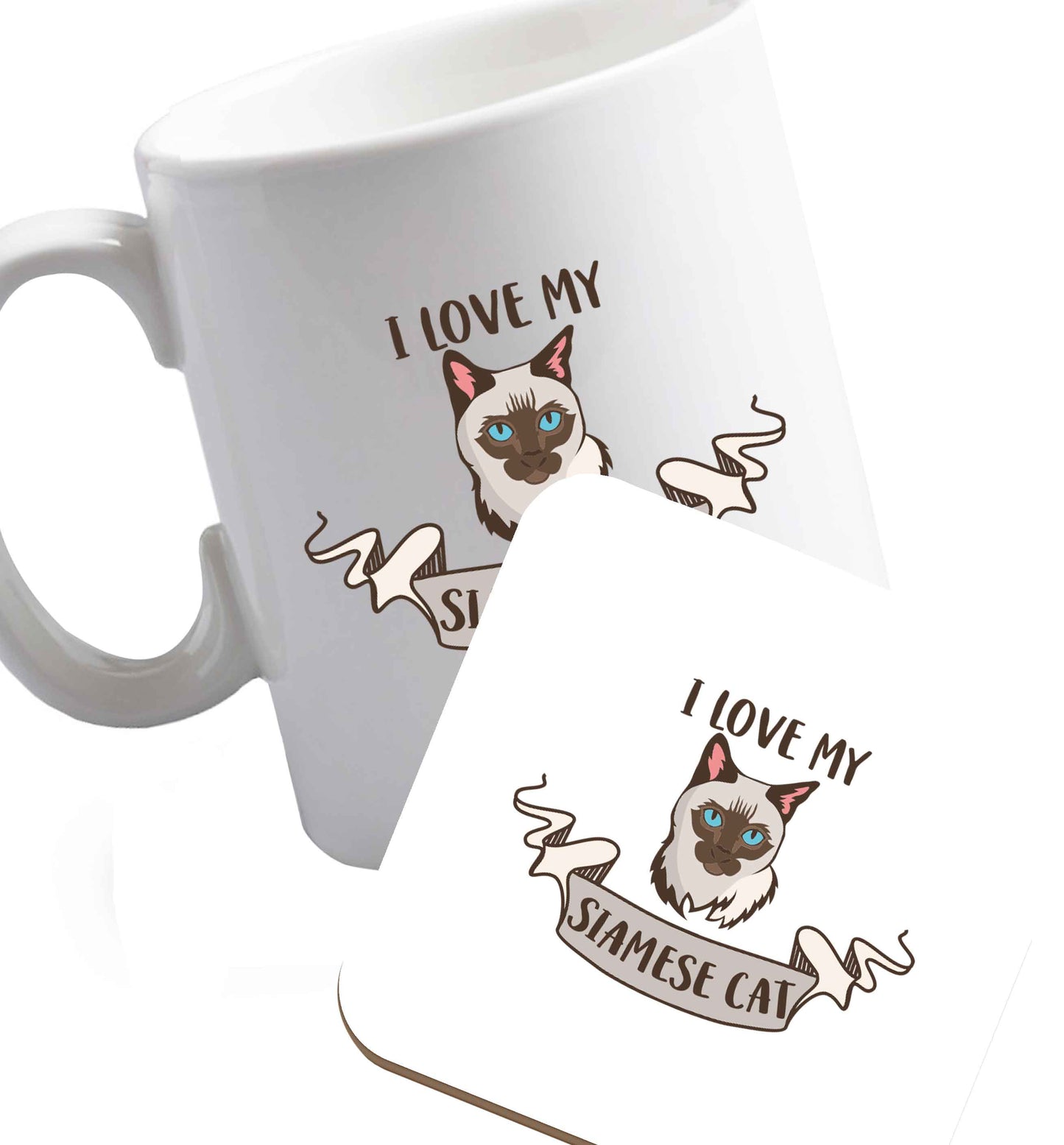 10 oz I love my siamese cat ceramic mug and coaster set right handed