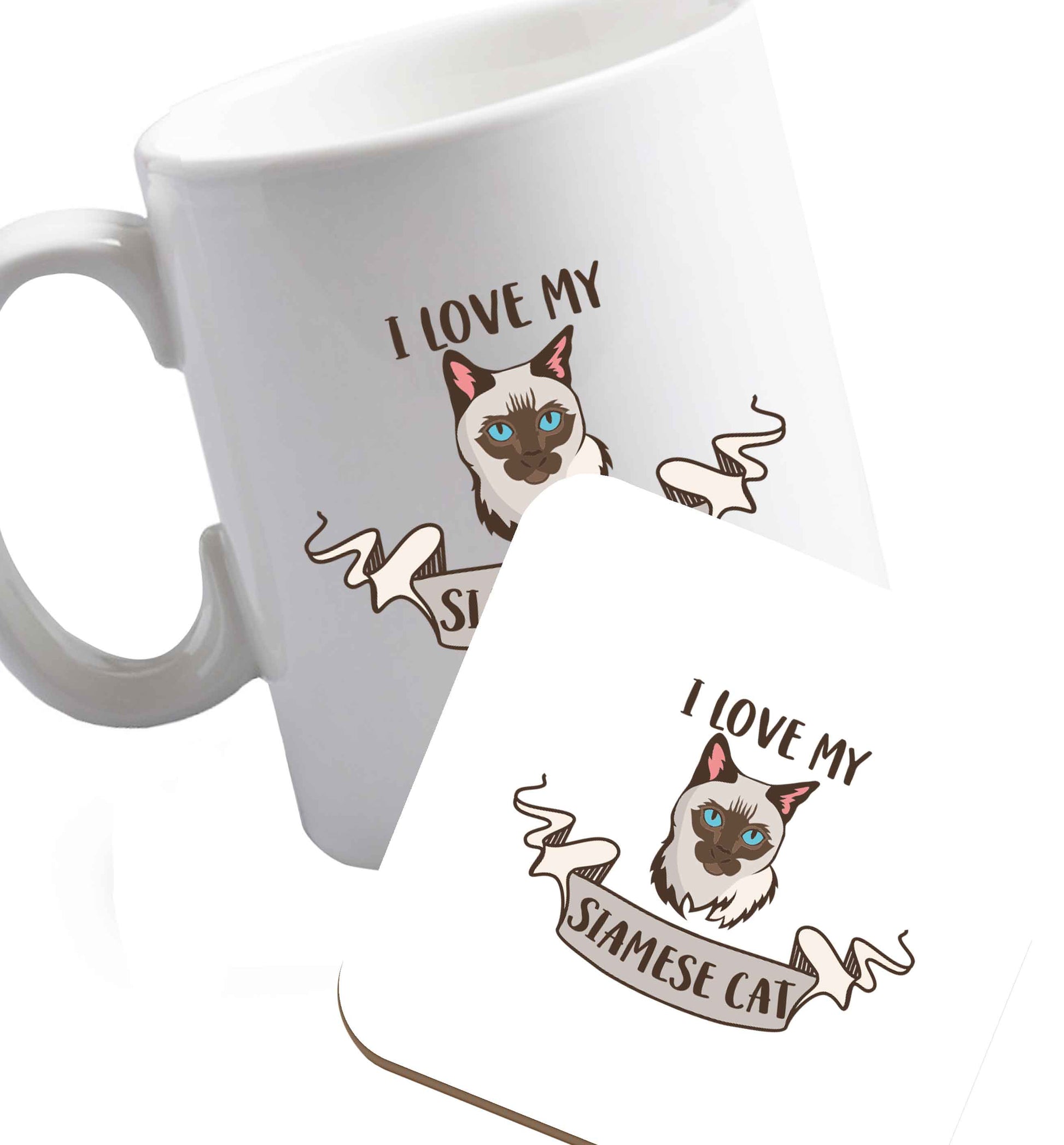 10 oz I love my siamese cat ceramic mug and coaster set right handed