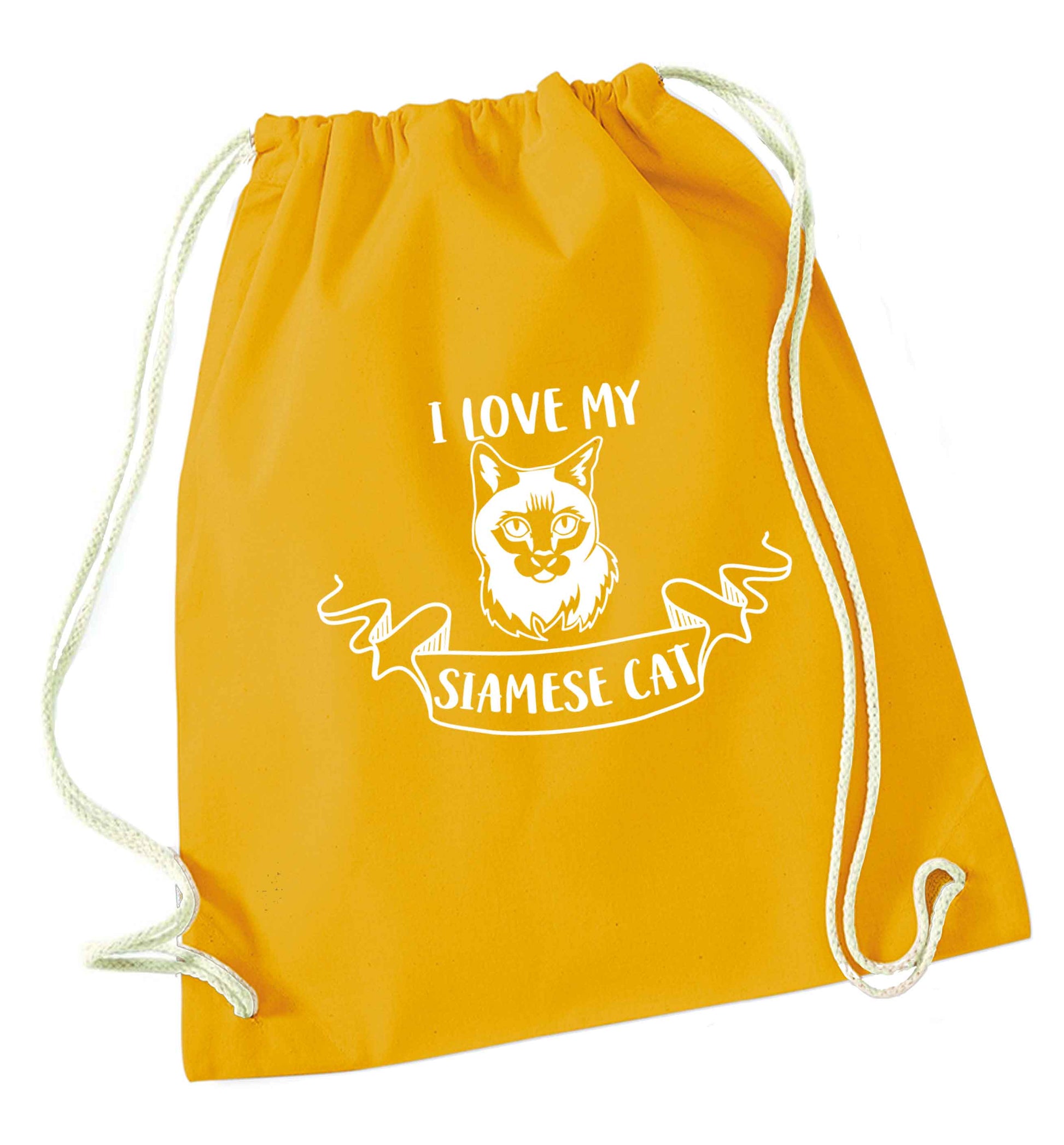 I love my siamese cat mustard drawstring bag