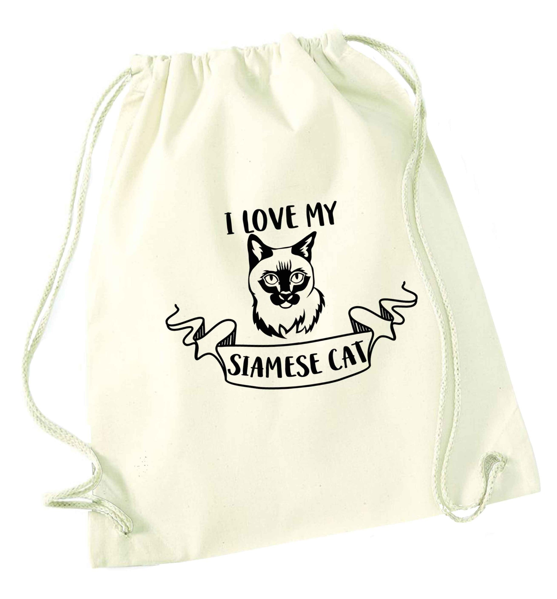 I love my siamese cat natural drawstring bag