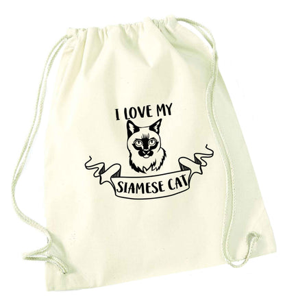 I love my siamese cat natural drawstring bag