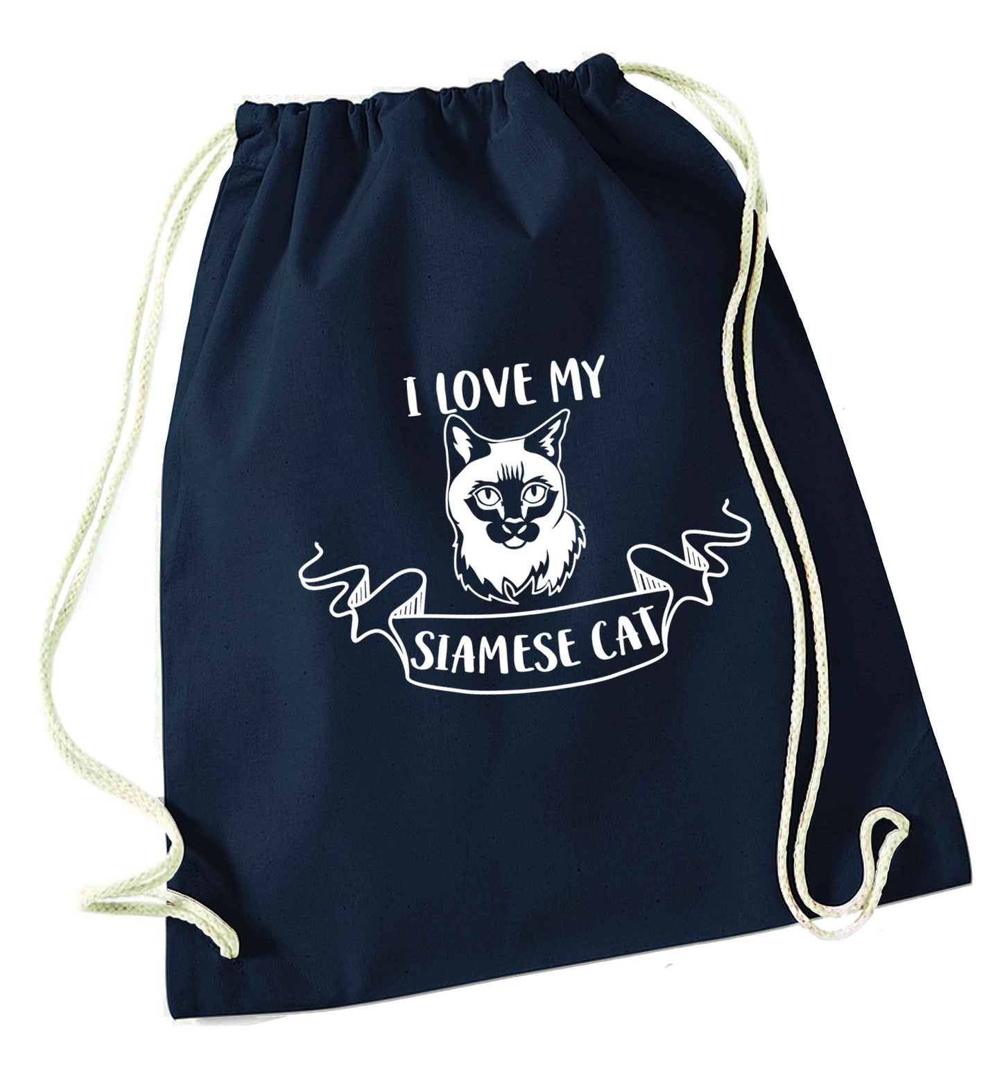I love my siamese cat navy drawstring bag