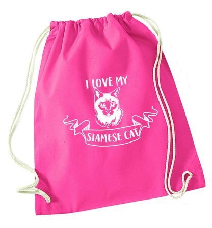 I love my siamese cat pink drawstring bag