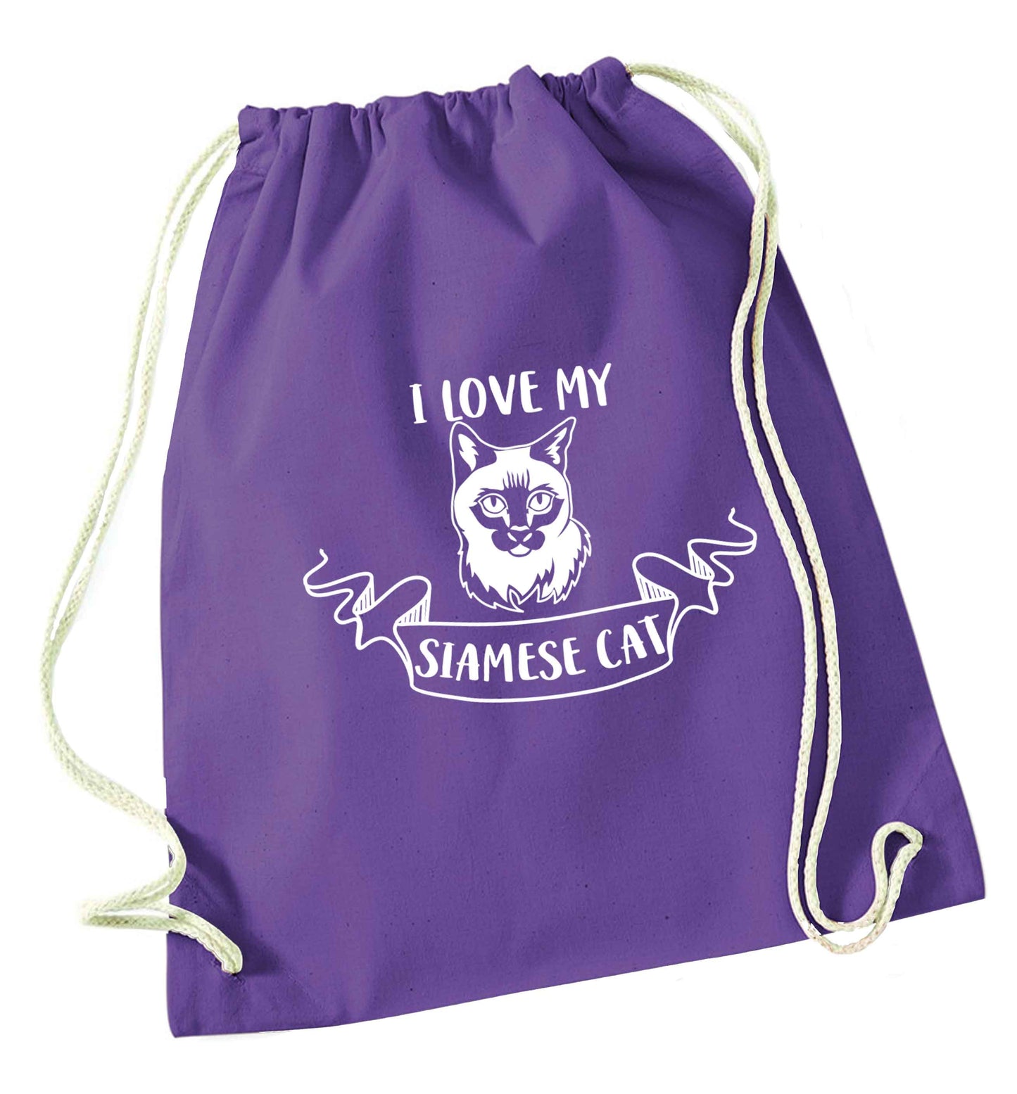 I love my siamese cat purple drawstring bag