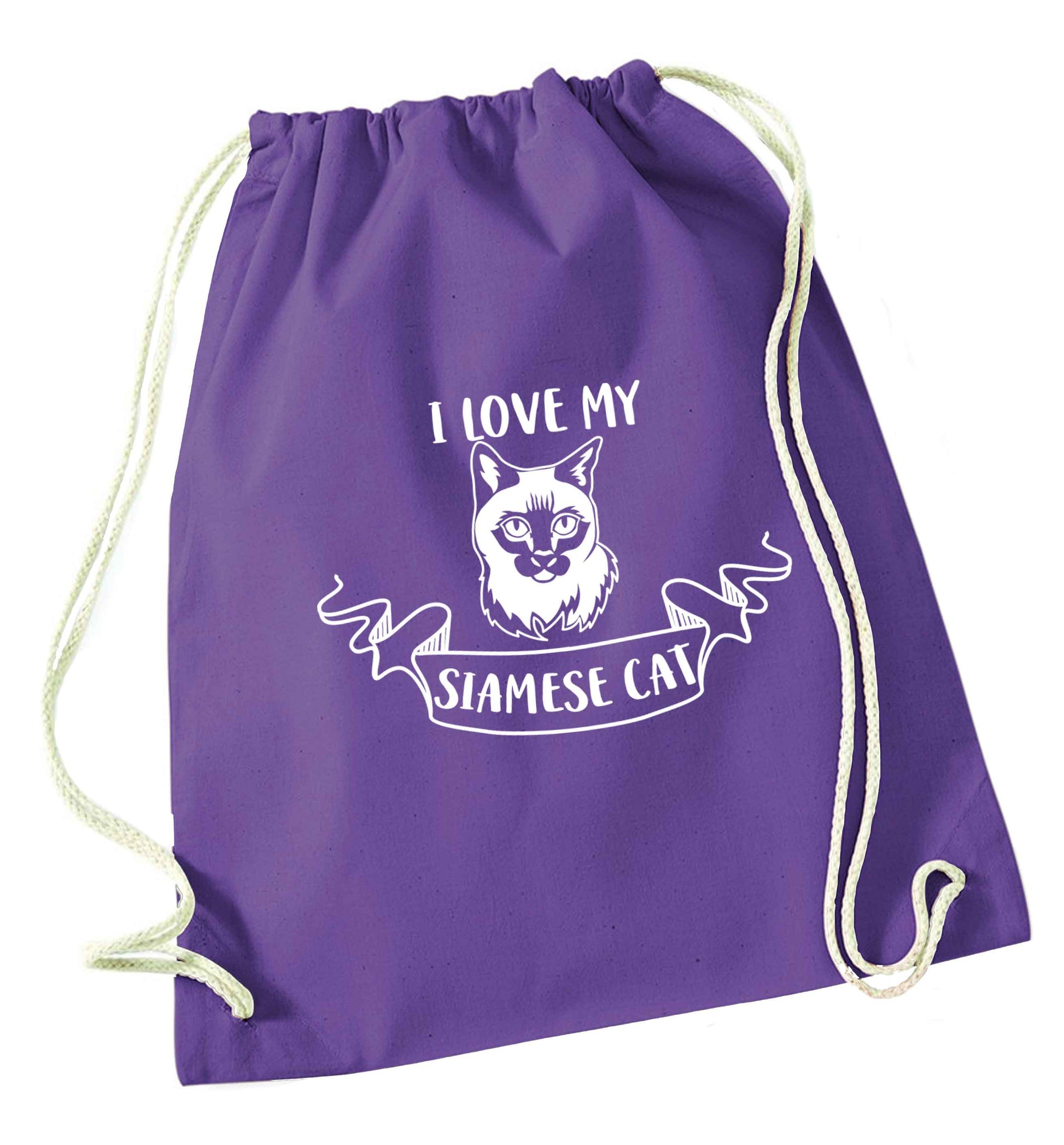 I love my siamese cat purple drawstring bag