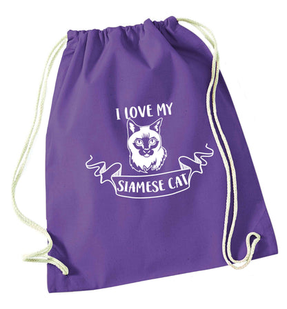 I love my siamese cat purple drawstring bag