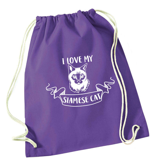I love my siamese cat purple drawstring bag