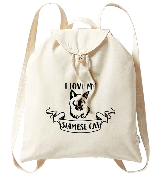 I love my siamese cat organic cotton backpack tote with wooden buttons in natural