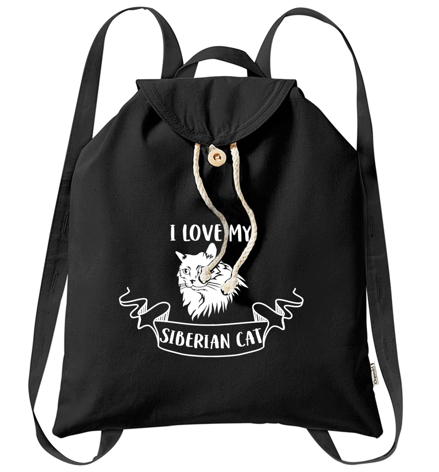 I love my siberian cat organic cotton backpack tote with wooden buttons in black