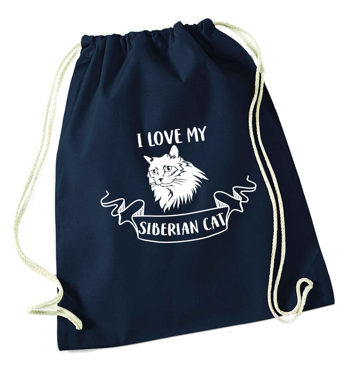 I love my siberian cat navy drawstring bag