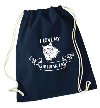I love my siberian cat navy drawstring bag
