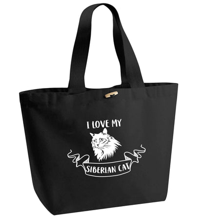 I love my siberian cat organic cotton premium tote bag with wooden toggle in black