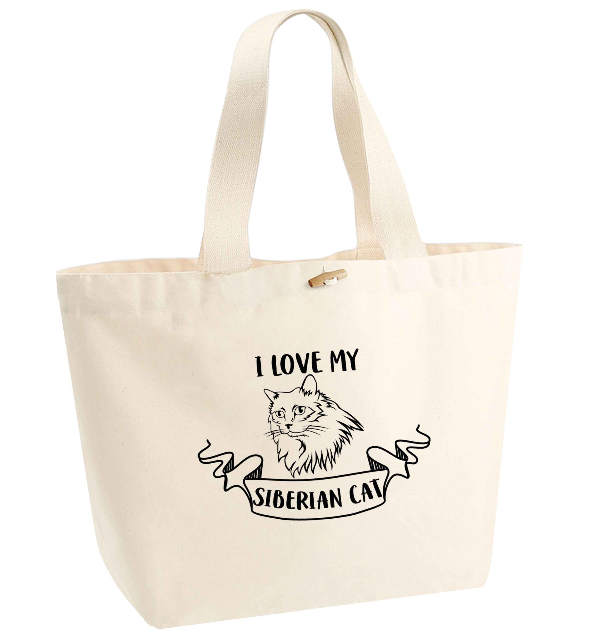 I love my siberian cat organic cotton premium tote bag with wooden toggle in natural