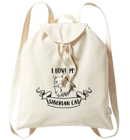 I love my siberian cat organic cotton backpack tote with wooden buttons in natural
