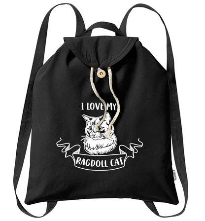 I love my ragdoll cat organic cotton backpack tote with wooden buttons in black