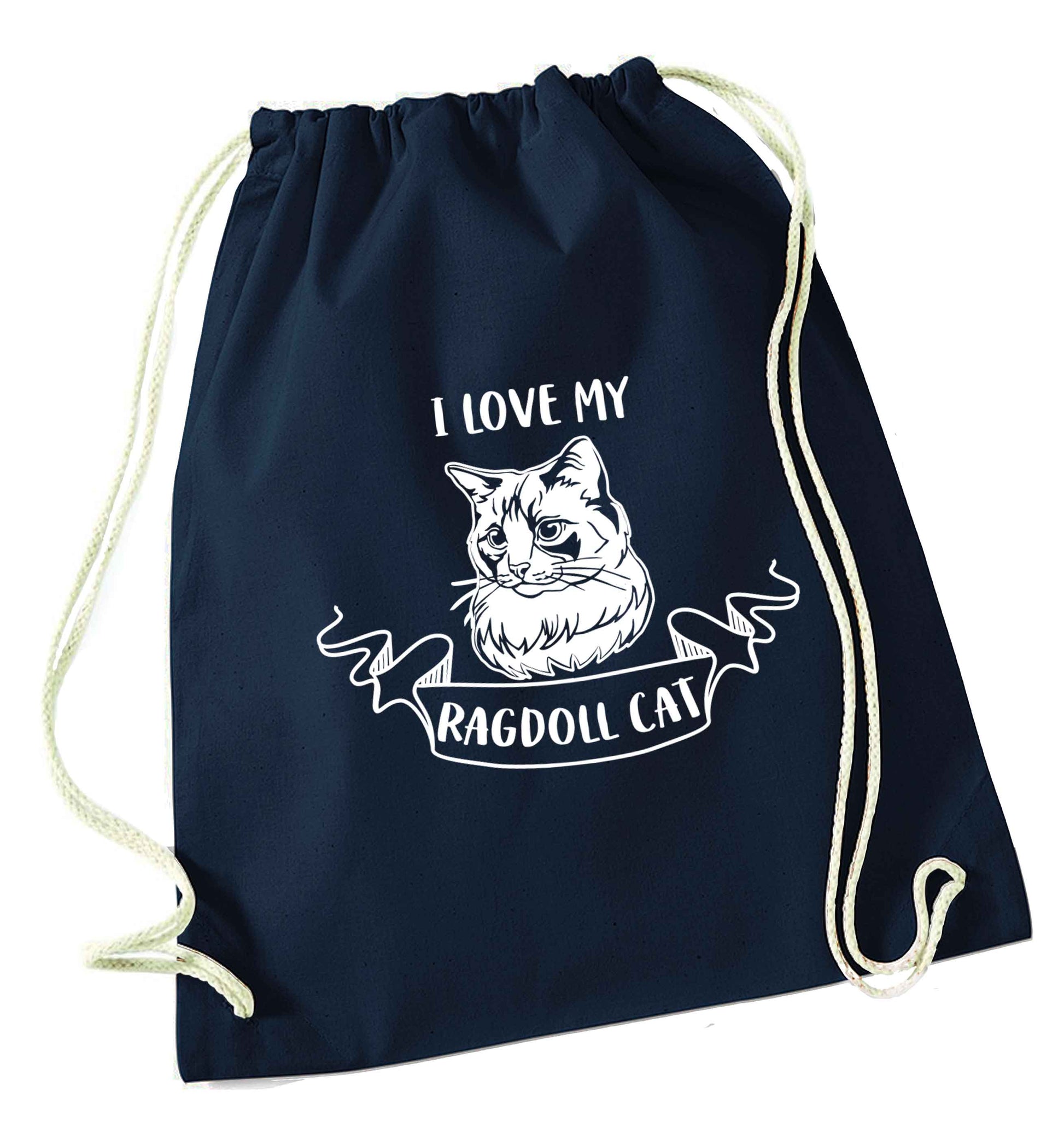 I love my ragdoll cat navy drawstring bag