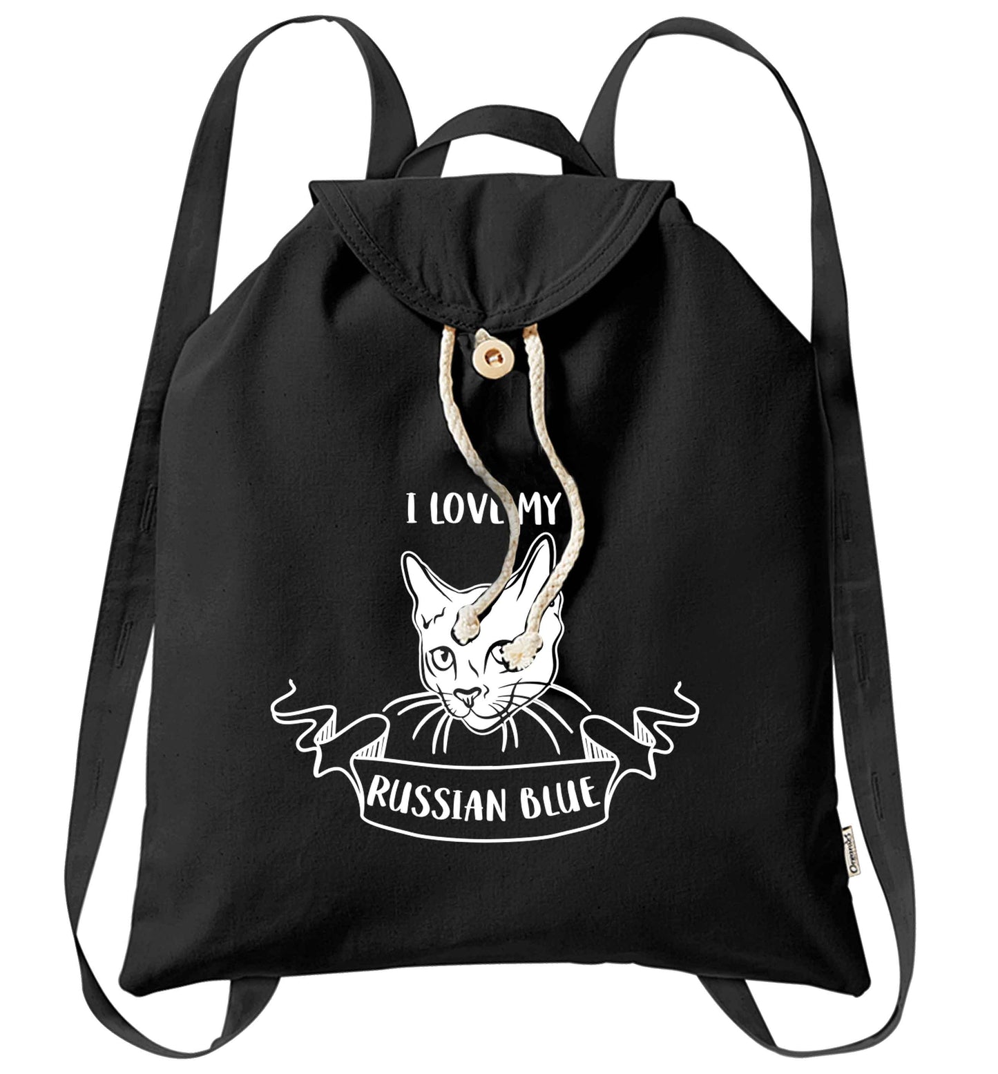 I love my russian blue organic cotton backpack tote with wooden buttons in black